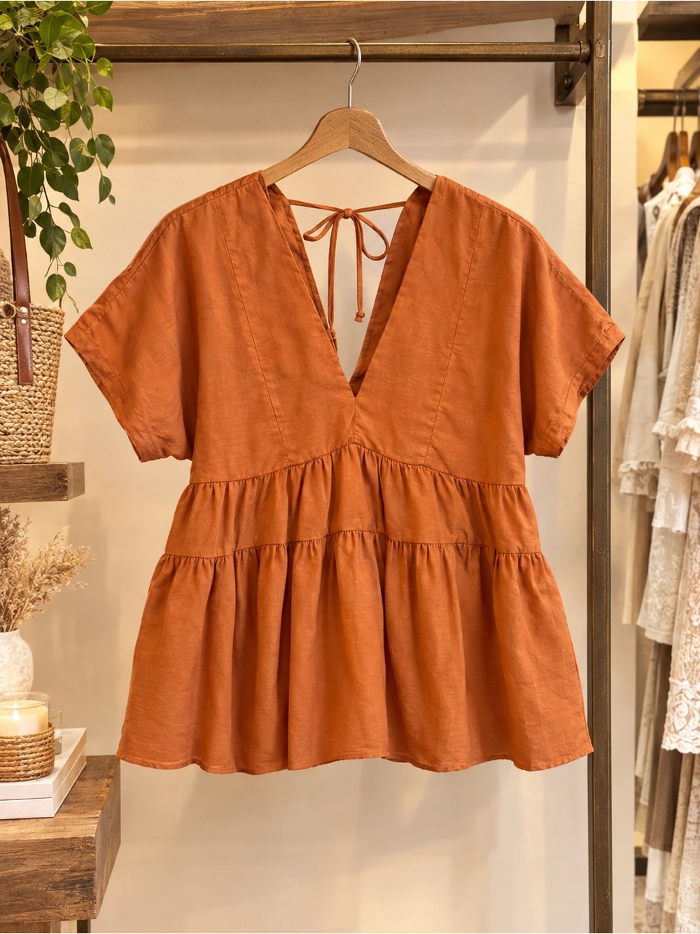 entro Tiered V-Neck Tunic in Rust